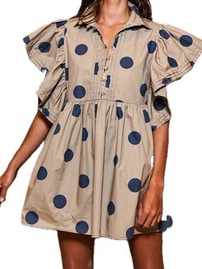 Talulah Babydoll Ruffle Sleeve Dress with Large Polka Dot & Pockets M